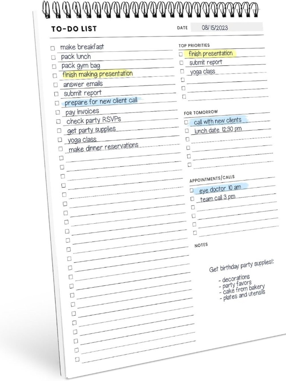 To Do List Spiral Notepad 8.5x11 52 Sheets, Daily Planner Notebook for Work